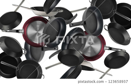Flying Frying Pan Isolated, Falling New Empty Black Nonstick Cookware with Metal Handles Isolated Flying Frying Pan Isolated, Falling New Empty Black Nonstick Cookware with Metal Handles Isolated 123658937