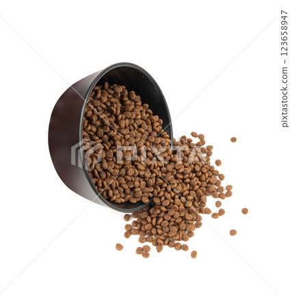 Dry pet food, dog kibble pile, puppy pellets, small canine protein croquette meal, animal food 123658947