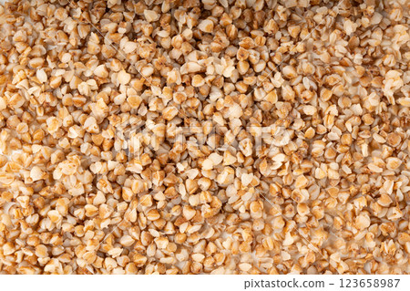 Boiled Buckwheat Texture, Cooked Buck Wheat Grains Pattern, Crumbled Porridge Background 123658987
