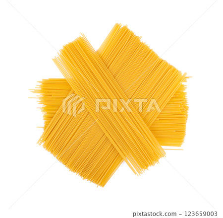 Raw spaghetti isolated, dry spagetti, long wheat noodles, uncooked italian macaroni bundle 123659003
