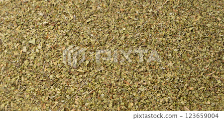 Dry thyme texture, dried marjoram pattern, oregano pile background, ground crushed thyme seasoning mockup 123659004