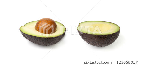 Hass Avocado Half Isolated, Whole Sharwil Set, Brown Avocados Cut, Fresh Alligator Pear, Persea Americana 123659017