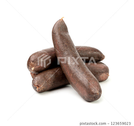 Black pudding isolated, blood sausage kaszanka, traditional Polish terrine, brawn sausages on white 123659023