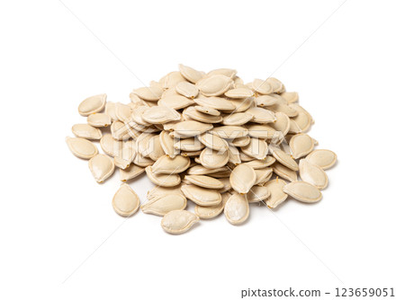 Whole Pumpkin Seeds in Shell Isolated, Raw Pepita Grains, Scattered Green Healthy Nuts 123659051