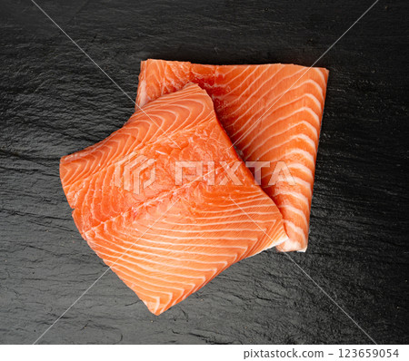 Fresh Salmon Fillet, Raw Norwegian Red Fish, Trout Meat Piece, Fresh Atlantic Salmon Fillet on Black 123659054