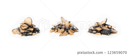 Truffle Slices Isolated, Gourmet Tuber Melanosporum Mushroom Pieces, Black Truffle Cuts 123659070