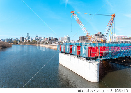 Miyazawa Bridge under construction and Sendai city 123659215