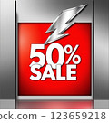 50% sale sign with metallic lightning bolt on red background.  123659218