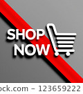 Shop now text with shopping cart icon on diagonal red stripe background.  123659222