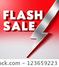 Flash sale banner with bold white text and metallic lightning bolt on red background.  123659223