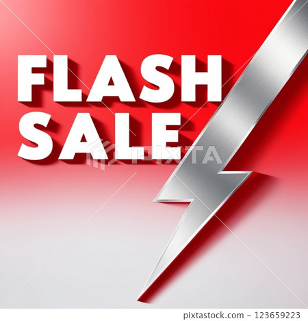 Flash sale banner with bold white text and metallic lightning bolt on red background.  123659223