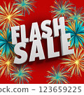 Flash sale promotional banner with bold 3D text and fireworks on red background.  123659225