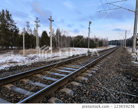 Natural view of empty railroad in forest, in sunny day. Rails and sleepers, railway close-up. Natural view of empty railroad in forest, in sunny day. Rails and sleepers, railway close-up. 123659236