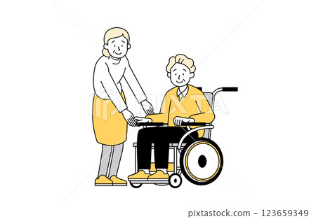 Vector illustration of an elderly man in a wheelchair and an elderly woman standing next to him Grandpa Grandma Simple 123659349