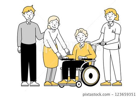 A vector illustration of an elderly man and his family being pushed in a wheelchair by a female caregiver A vector illustration of an elderly man and his family being pushed in a wheelchair by a female caregiver 123659351