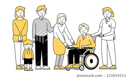 Vector illustration of a three-generation family and a female caregiver accompanying an elderly man in a wheelchair 123659353