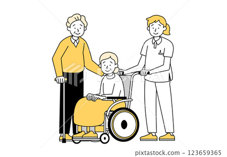 Vector illustration of an elderly man and caregiver accompanying an elderly woman in a wheelchair Vector illustration of an elderly man and caregiver accompanying an elderly woman in a wheelchair 123659365