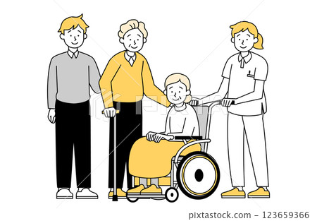 Family and female caregiver supporting elderly woman in wheelchair Simple Nursing home Two-generation family 123659366