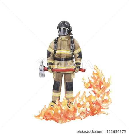 A fireman holding an axe, standing among dancing fire flames 123659375