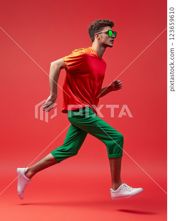 young man runs in vibrant outfit featuring red shirt and green pants, showcasing dynamic pose against bold red background. His stylish sunglasses add flair to look 123659610