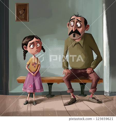 worried girl stands beside her father in dimly lit room, conveying sense of concern and tension. father looks serious, while girl appears anxious 123659621