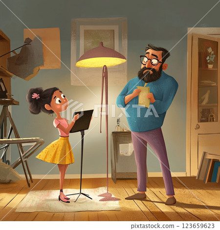 girl with sketchpad interacts with man in cozy room, illuminated by floor lamp. scene captures moment of creativity and connection 123659623