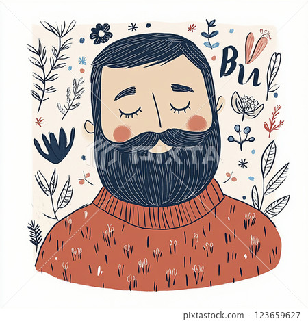 serene illustration of man with beard, wearing cozy sweater, surrounded by floral elements and whimsical designs. artwork conveys sense of calm and warmth 123659627
