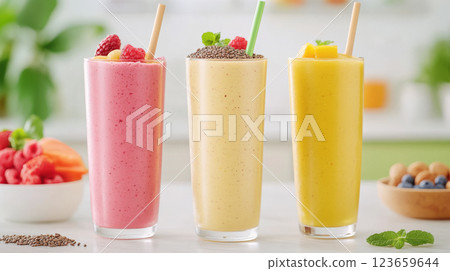 Refreshing fruit smoothies in tall glasses, featuring vibrant colors and garnished with fresh fruit and seeds, perfect for healthy snack or breakfast option 123659644