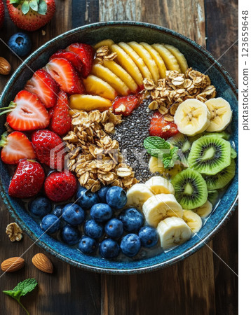 Fresh fruit bowl with strawberries, bananas, blueberries, kiwi, and granola, garnished with mint leaves. healthy and colorful breakfast option 123659648