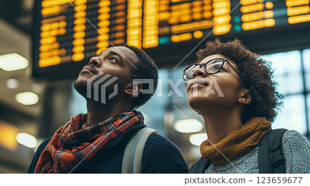 Traveling couple looking at flight information board in airport 123659677