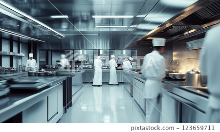 modern kitchen with chefs preparing meals, stainless steel surfaces, and cooking equipment. atmosphere is busy and professional, showcasing culinary expertise 123659711