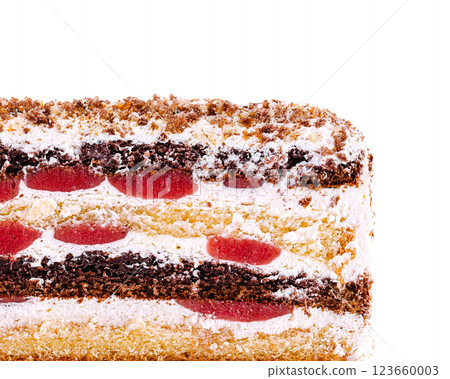 Layers of dessert showcasing chocolate, cream, and cherries Layers of dessert showcasing chocolate, cream, and cherries 123660003