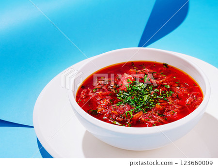 Delicious bowl of borscht soup garnished with fresh herbs Delicious bowl of borscht soup garnished with fresh herbs 123660009