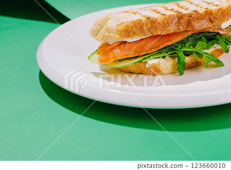 Freshly made sandwich with salmon and arugula on a plate Freshly made sandwich with salmon and arugula on a plate 123660010