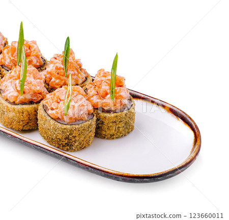 Delicious salmon tartare served on a stylish plate Delicious salmon tartare served on a stylish plate 123660011