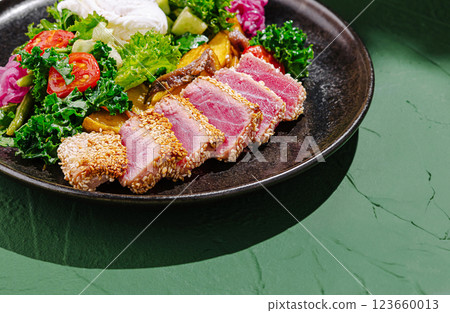 Freshly prepared seared tuna with vibrant vegetable salad platter Freshly prepared seared tuna with vibrant vegetable salad platter 123660013