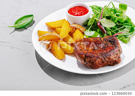 Delicious grilled steak with crispy wedges and fresh salad 123660030