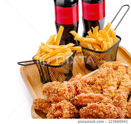 Enjoying crispy fried chicken with fries and soft drinks on a table 123660041
