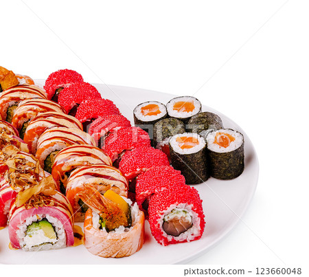 Colorful sushi platter featuring various rolls and ingredients Colorful sushi platter featuring various rolls and ingredients 123660048