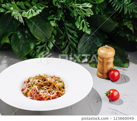 Colorful pasta dish served on a white plate with fresh toppings Colorful pasta dish served on a white plate with fresh toppings 123660049