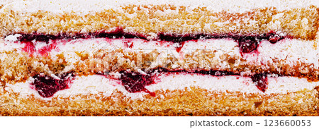 Delicious layered cake with cream and berry filling on display 123660053