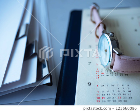 Calendar, documents, and watch on the table Calendar, documents, and watch on the table 123660086