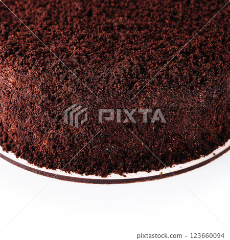 Close-up of a rich chocolate cake with a textured frosting on a white background Close-up of a rich chocolate cake with a textured frosting on a white background 123660094
