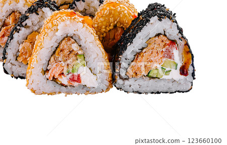 Assorted fresh sushi rolls on white background Assorted fresh sushi rolls on white background 123660100