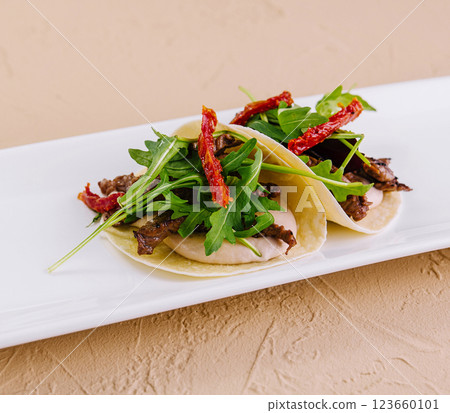 Gourmet beef tacos on white plate 123660101