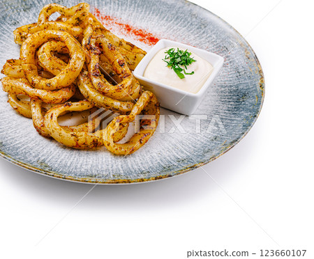 Fried squid rings served with white sauce on elegant restaurant plate Fried squid rings served with white sauce on elegant restaurant plate 123660107