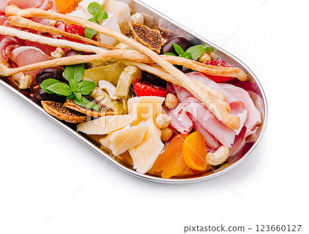 Charcuterie platter featuring assorted meats, cheeses, and fruits 123660127