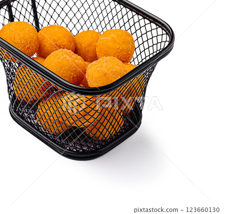 Delicious cheese balls served in a stylish basket 123660130