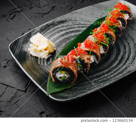 Gourmet sushi rolls artfully presented on a decorative plate 123660134