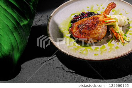 Crispy duck leg served with berry sauce and fresh vegetables 123660165